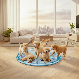 Dog sitting on a pet cooling pad with text about temperature suitability for pets.