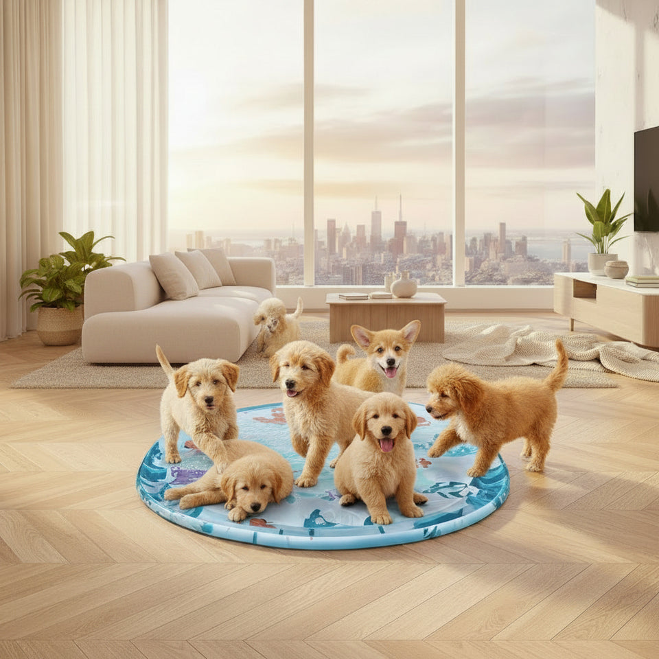 Dog sitting on a pet cooling pad with text about temperature suitability for pets.