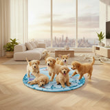 Dog sitting on a pet cooling pad with text about temperature suitability for pets.
