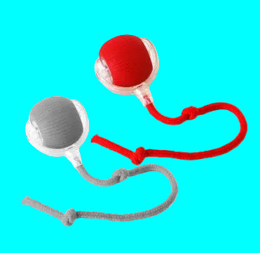 Two dog toys, one red and one gray, with ropes on a white background.