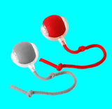 Two dog toys, one red and one gray, with ropes on a white background.