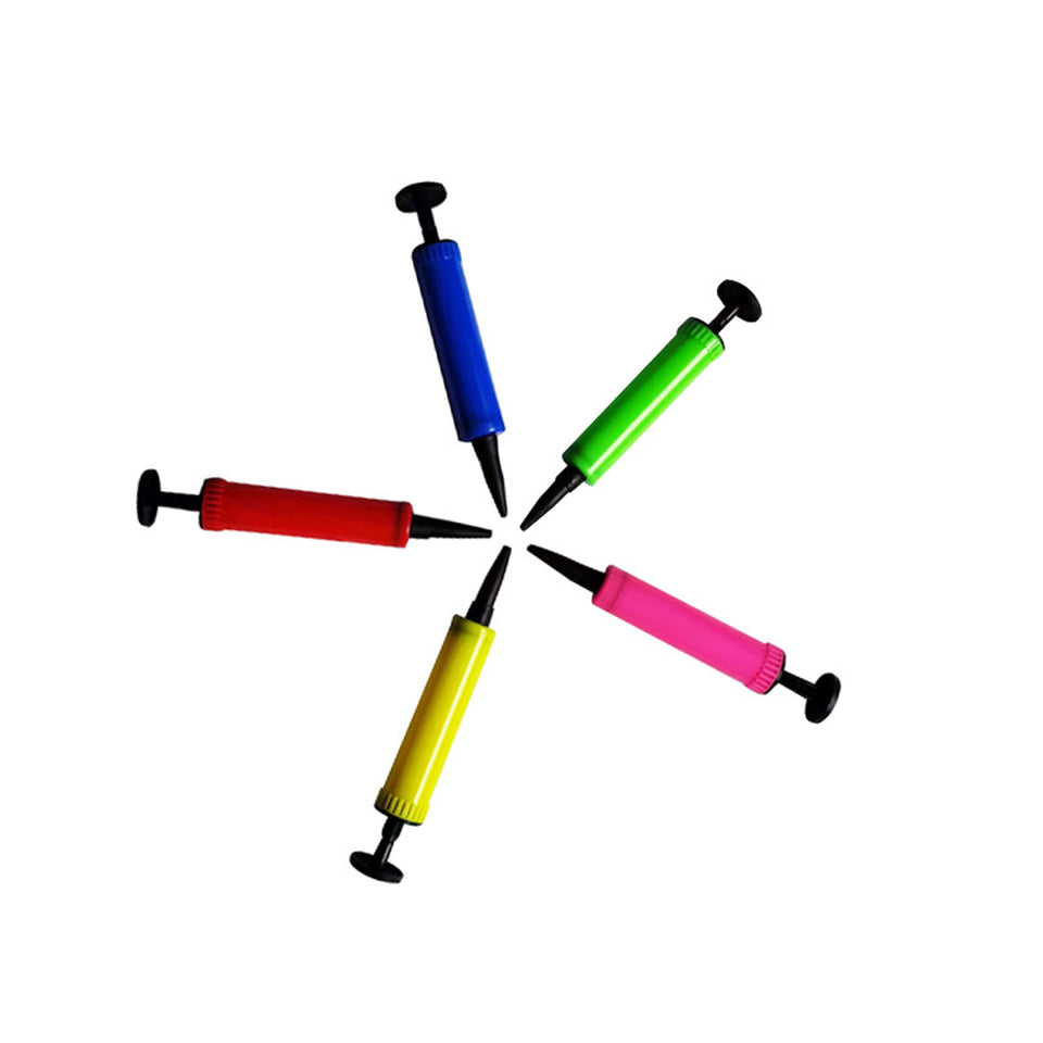 Five colorful balloon inflators arranged in a circle on a white background