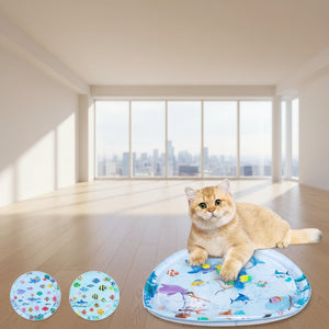 Colorful inflatable pool with shark and fish design, dimensions indicated.