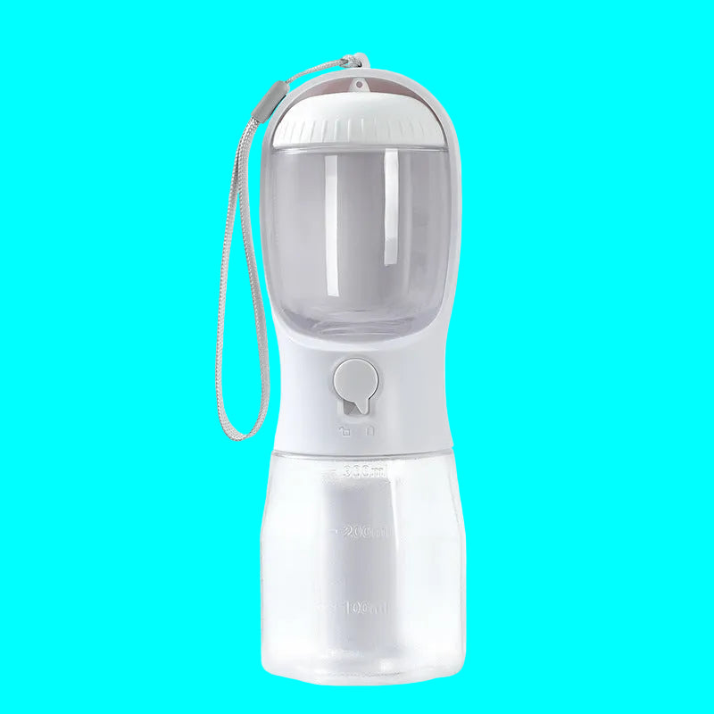 Portable pet water bottle with a white base and clear top on a white background