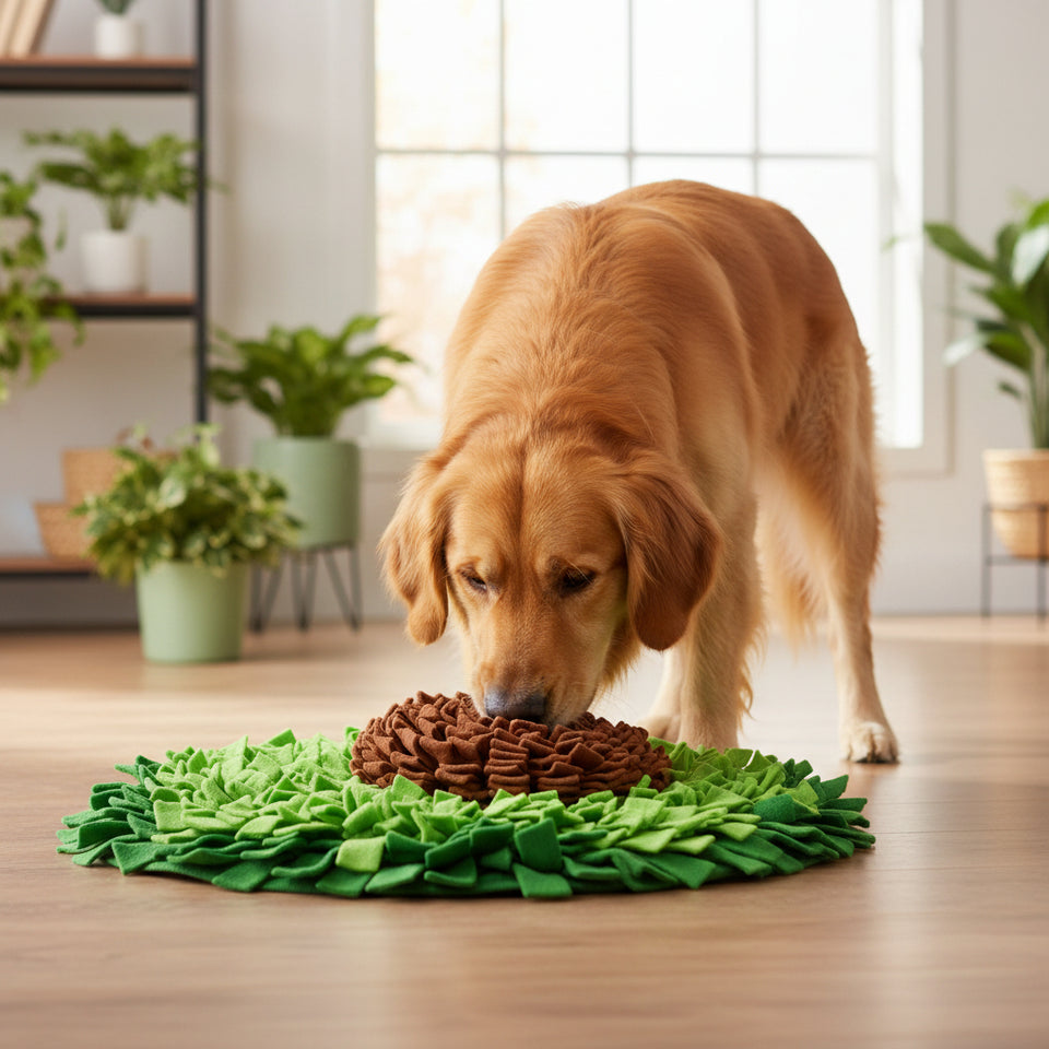 Dog playing with a green snuffle mat on a wooden floor.