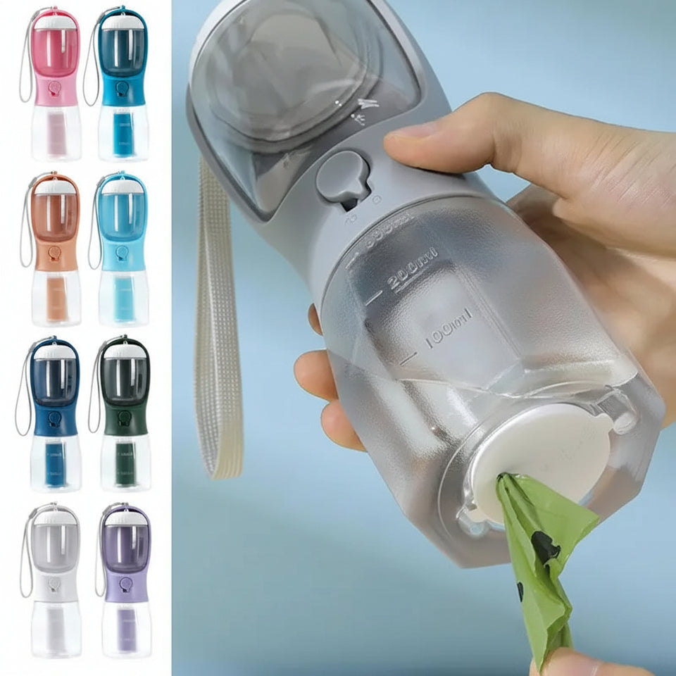 Portable water bottle with multiple color options held by a hand against a light blue background.