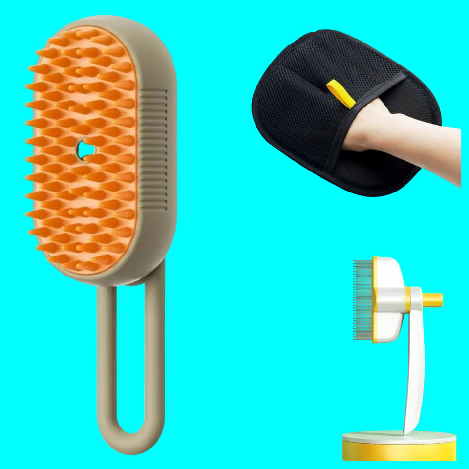 Pet grooming brush with orange bristles, black massage pad, and packaging on a white background.