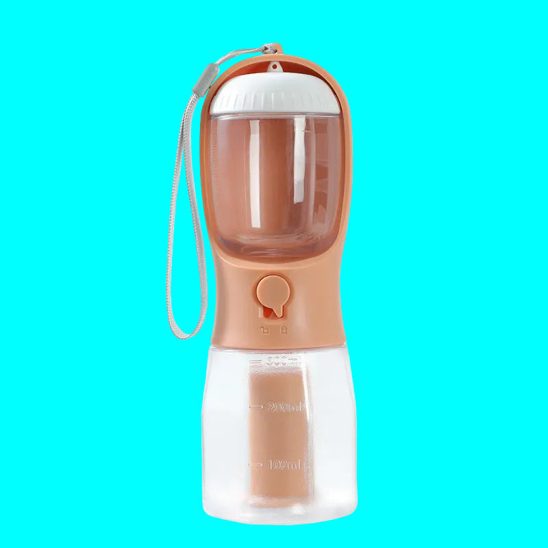 Pet water bottle with a transparent container and peach-colored lid and base on a white background