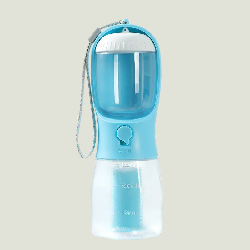 Blue and clear portable pet water bottle with a strap on a white background