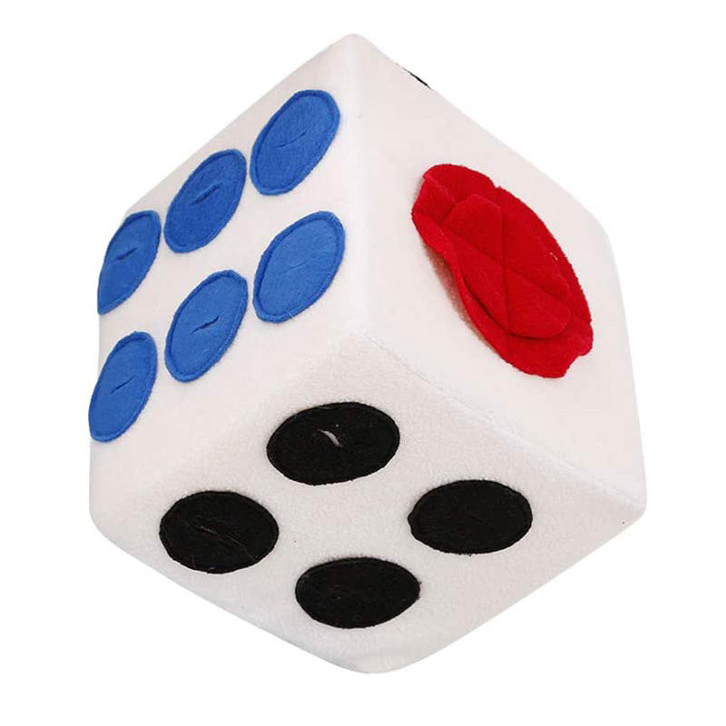 White die with blue, black, and red faces on a white background