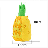 Plush pineapple toy with measurements on a white background