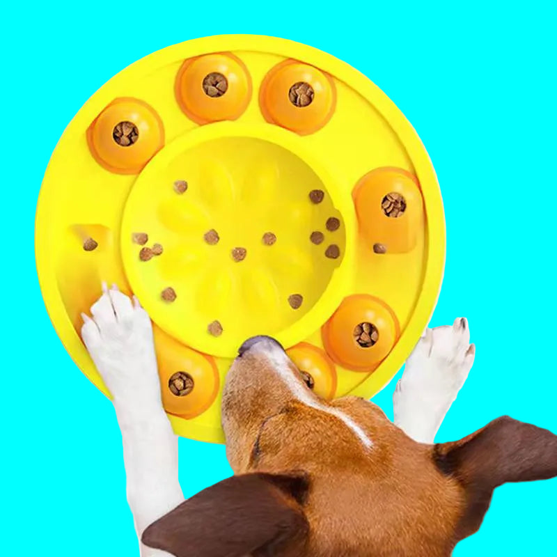 Dog interacting with a yellow puzzle toy filled with treats on a white background