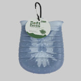 Blue pet toy with a carabiner and 'Soft Gentle' label on a white background