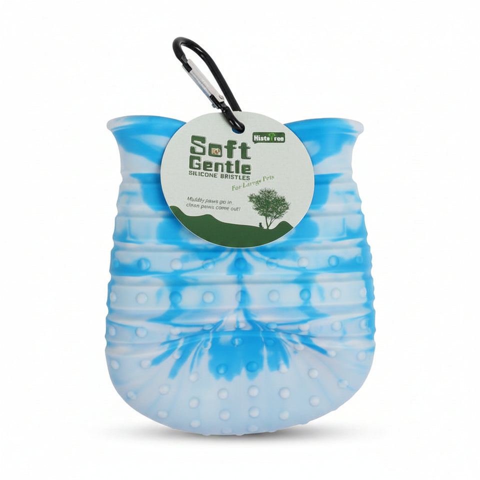 Blue pet toy with a carabiner and 'Soft Gentle' label on a white background