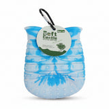 Blue pet toy with a carabiner and 'Soft Gentle' label on a white background