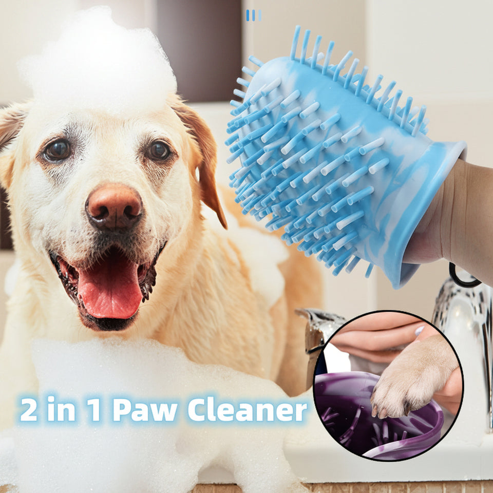 Dog being bathed with a 2-in-1 paw cleaner and brush, with close-up of paw cleaning.