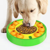 Dog interacting with a green and orange puzzle toy filled with kibble.