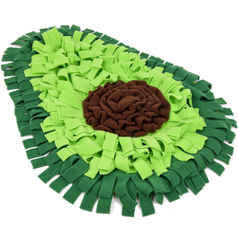Avocado-shaped pet mat with green and brown colors on a white background