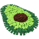 Avocado-shaped pet mat with green and brown colors on a white background
