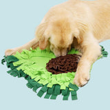 Dog playing with a green and brown snuffle mat on a white background