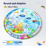 Round seal dolphin inflatable play mat with ocean-themed design on a white background