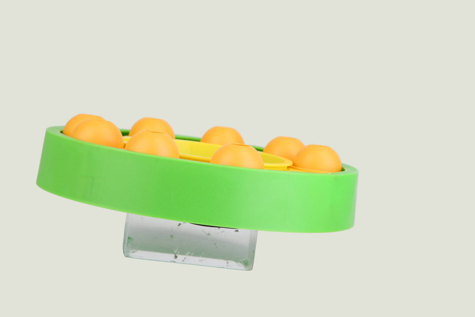 Green pet toy with orange balls on a white background