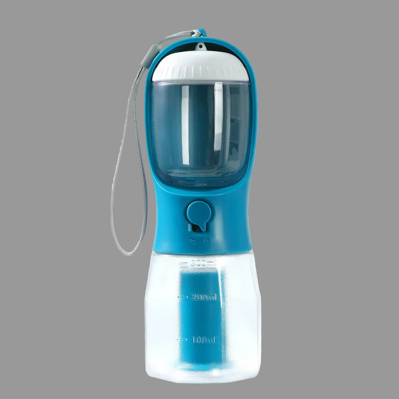 Blue and clear portable pet water bottle with a strap on a white background