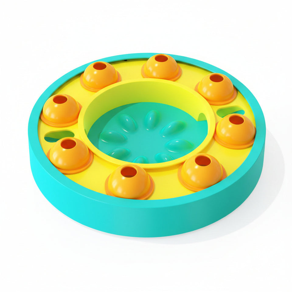 Colorful puzzle toy with yellow and blue design on a white background