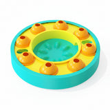 Colorful puzzle toy with yellow and blue design on a white background