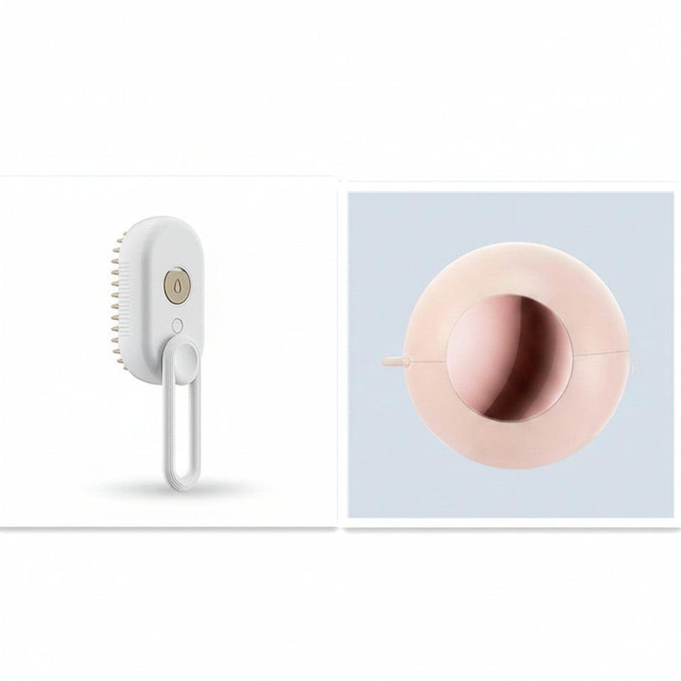 White scrubber with bristles and a pink circular object on a white background