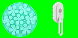 Mint green flower-shaped object and white handheld brush on a white background