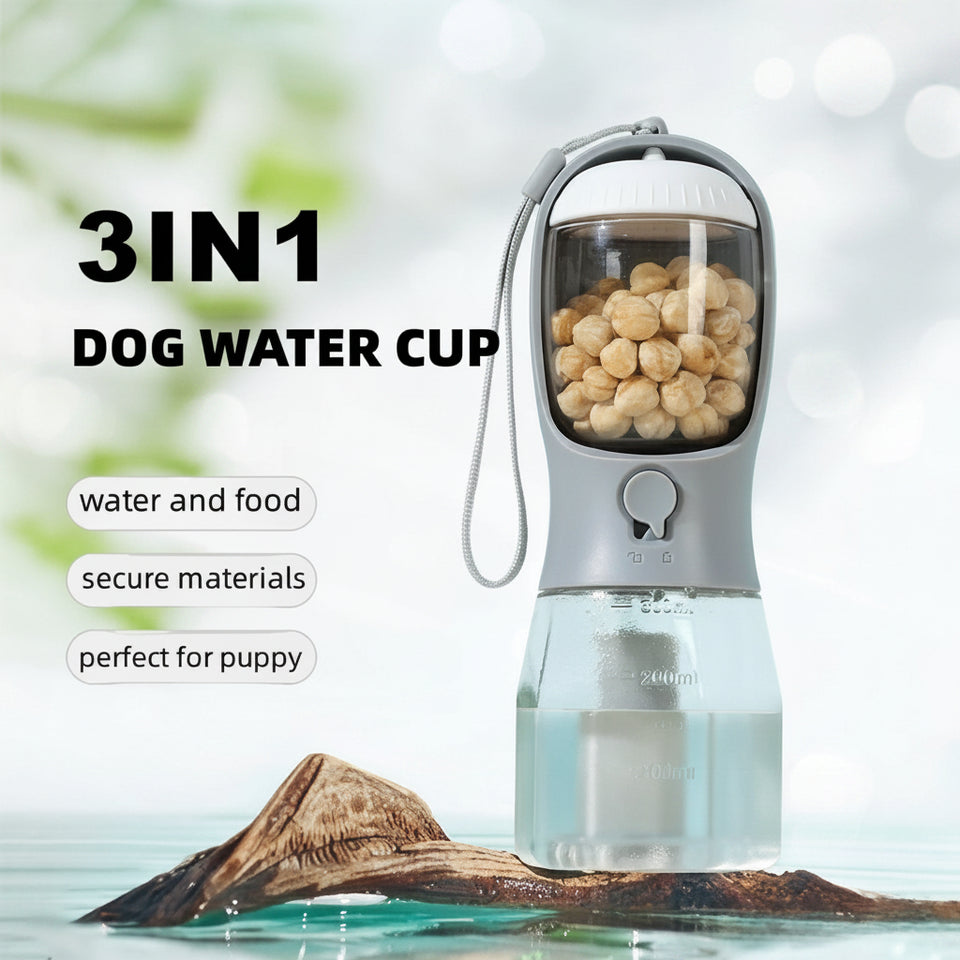 3-in-1 dog water cup with water and food compartments on a natural background