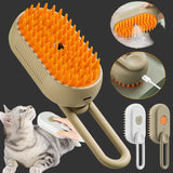 Pet grooming brush with orange bristles, shown with a cat and close-up details on a white background.