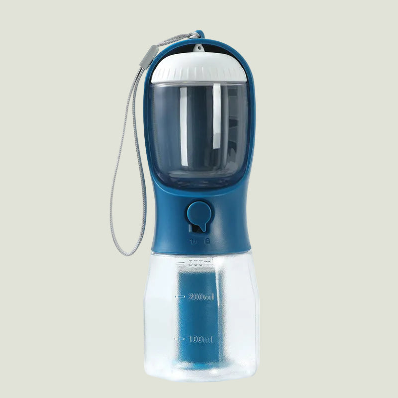 Blue and clear portable water bottle with measurement markings on a white background
