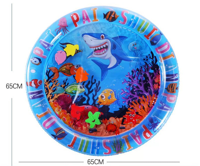 Colorful inflatable pool with shark and fish design, dimensions indicated.