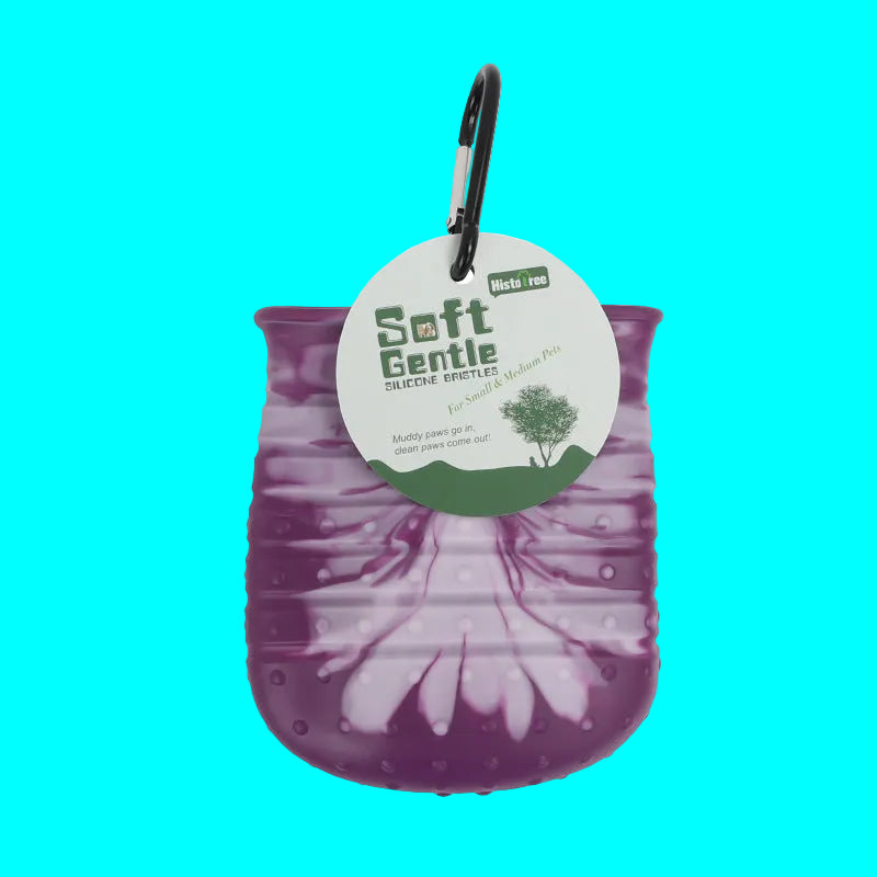 Purple silicone duster with a tag on a white background