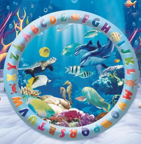 Children's inflatable pool with underwater scene and alphabet letters