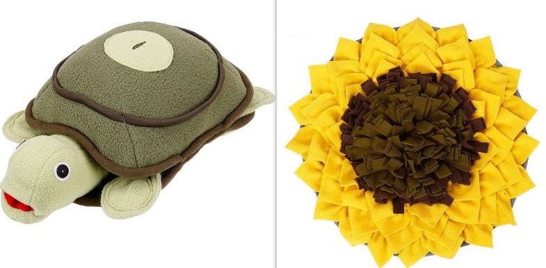 Tortoise-shaped plush toy on the left and sunflower-shaped plush toy on the right.