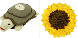 Tortoise-shaped plush toy on the left and sunflower-shaped plush toy on the right.