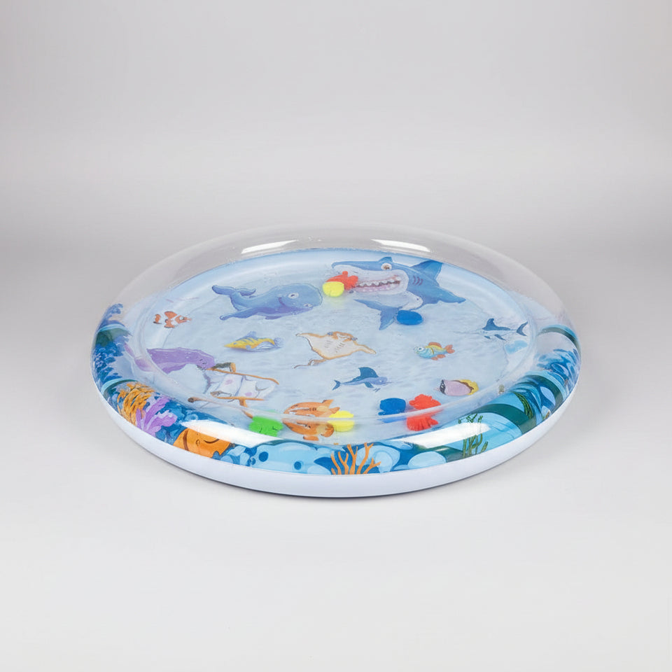 Inflatable water-filled ice pad with cartoon sea creatures on a blue background
