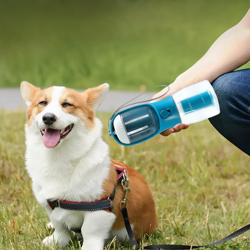 Dog being petted by a person holding a blue and white device in a grassy outdoor setting