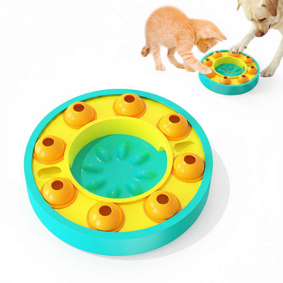 Colorful puzzle toy for pets with a cat and dog interacting with it.
