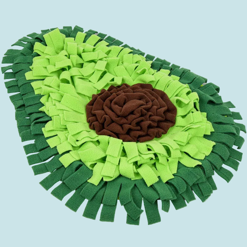 Avocado-shaped pet mat with green and brown colors on a white background