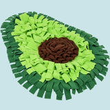 Avocado-shaped pet mat with green and brown colors on a white background