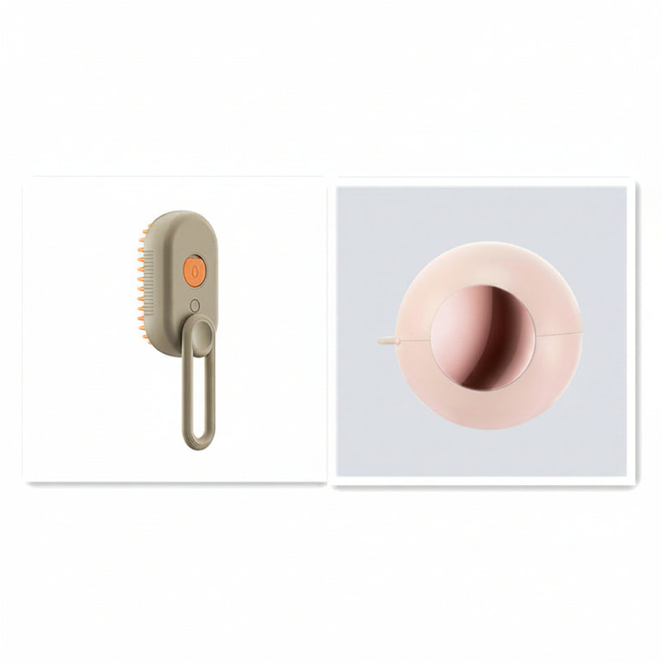 Beige grooming brush and pink pet toy with measurement details on a white background