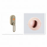 Beige grooming brush and pink pet toy with measurement details on a white background