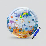 Fun inflatable water-filled ice pad with cartoon sea creatures, suitable for pets, on a blue background.